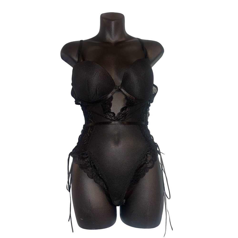 NWOT BodyRage Black Mesh Lace Teddy Bodysuit Underwire Side Lace Up Large